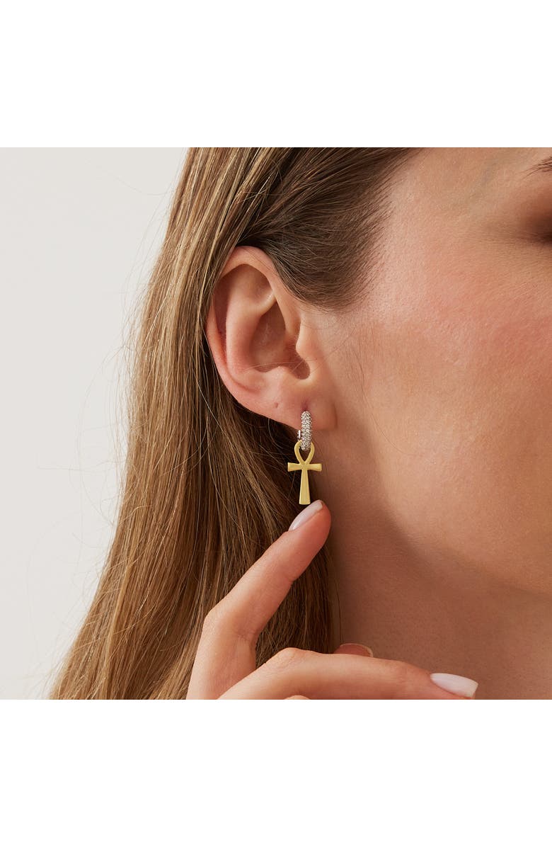 Spero London Sterling Silver Egyptian Ankh Zirconia Hoop Earring, Alternate, color, Gold