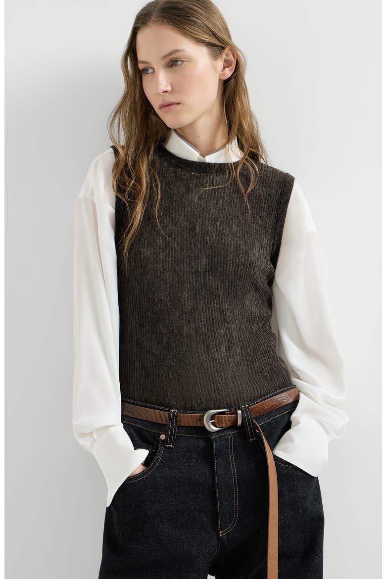 Sparkling silk, alpaca and wool rib knit top, Alternate, color, Anthracite