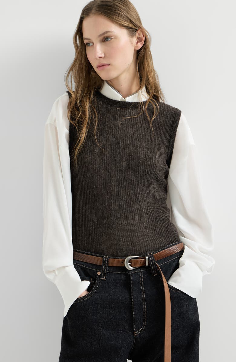 Brunello Cucinelli Sparkling silk, alpaca and wool rib knit top, Alternate, color, Anthracite