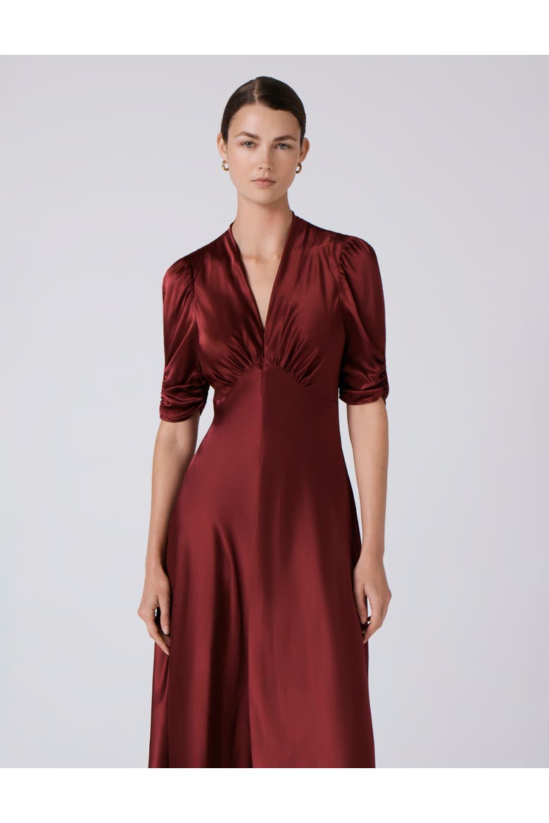 Mia Satin V Neck Midi Tea Dress, Alternate, color, Burgundy