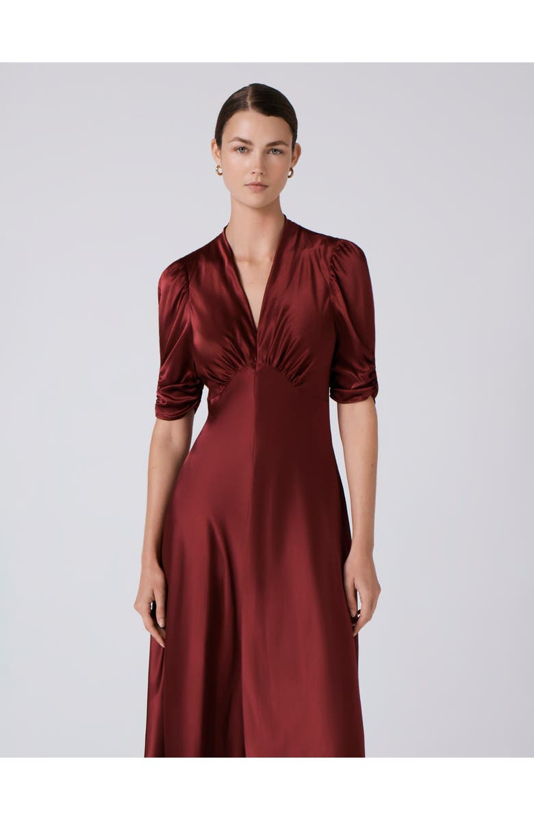 Ghost London Mia Satin V Neck Midi Tea Dress, Alternate, color, Burgundy