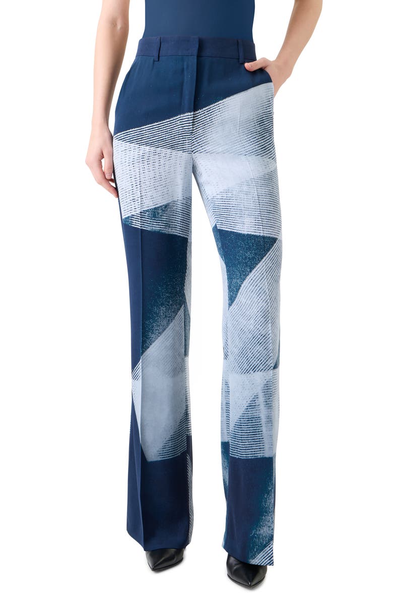 Akris Zigzag Print Silk Crepe Pants, Main, color, Denim-Ecru