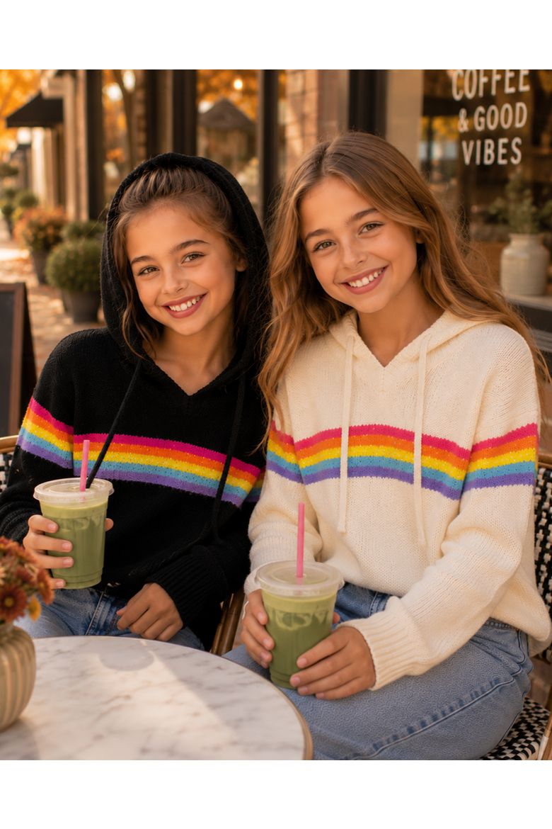 Girls' Rainbow Stripe Hooded Sweater - Big Kid, Alternate, color, Ivory