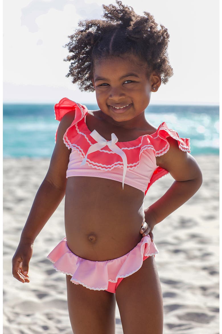 Tiered Ruffle Color-Blocked with Decorative Center Bow Two-Piece Bikini, Alternate, color, Pink