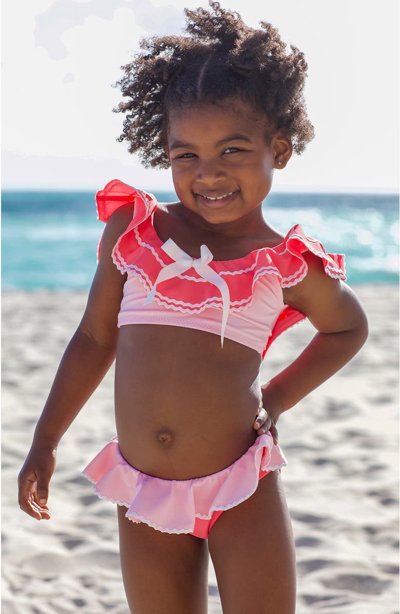 NESSI BYRD Tiered Ruffle Color-Blocked with Decorative Center Bow Two-Piece Bikini, Alternate, color, Pink