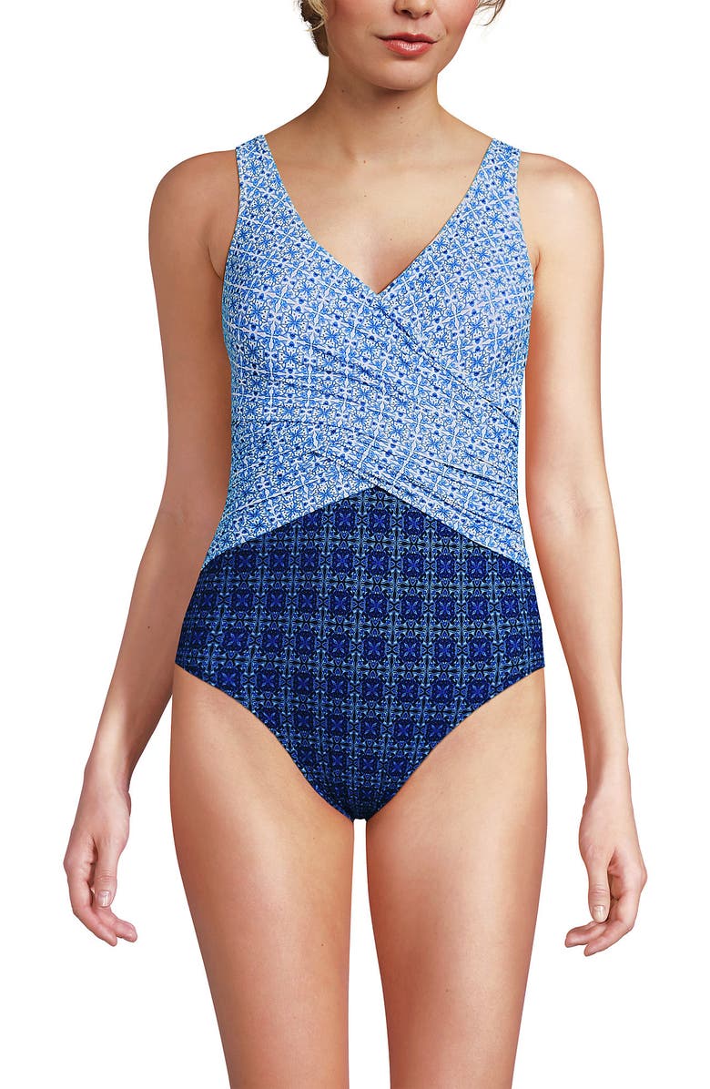 Lands' End D-Cup Slender Suit Wrap One Piece Swimsuit, Main, color, Navy/White Mosaic Mini Tile