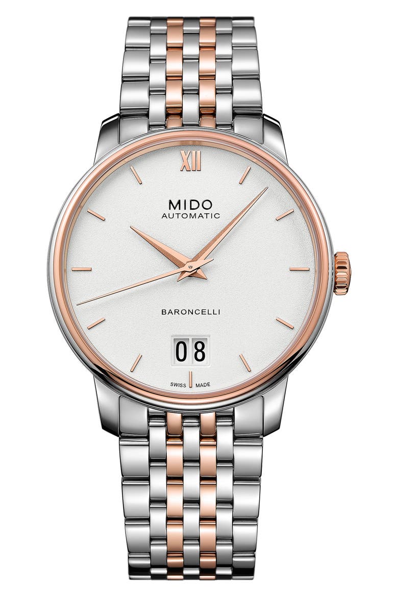 Baroncelli III Automatic Bracelet Watch, 40mm, Main, color, SILVER/ WHITE/ ROSE GOLD