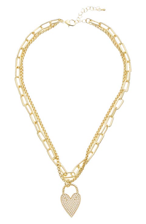 Pavé Cubic Zirconia Heart Pendant Layered Necklace