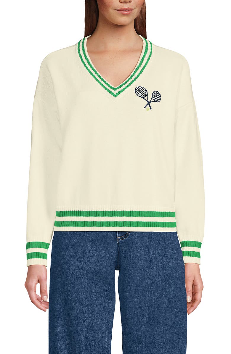 Lands' End Cotton Drifter Shaker V-neck Sweater, Main, color, Fresh Ivory/Clover Tip