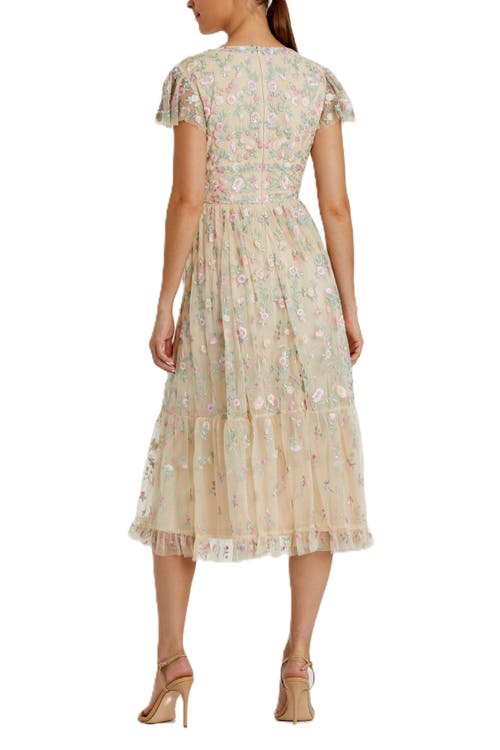 Mac Duggal Embroidered V Neck Cap Sleeve Midi Dress In Beige Multi