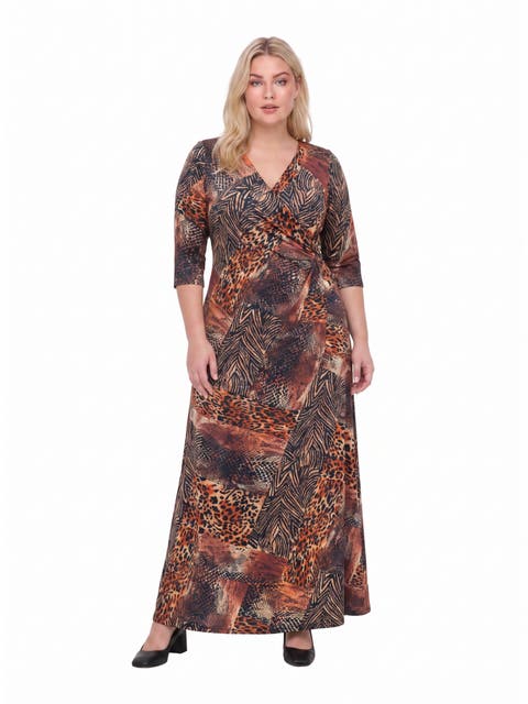 Elevate Curvy Mid Sleeve V Neck Wrap Waist Slit Long Dress