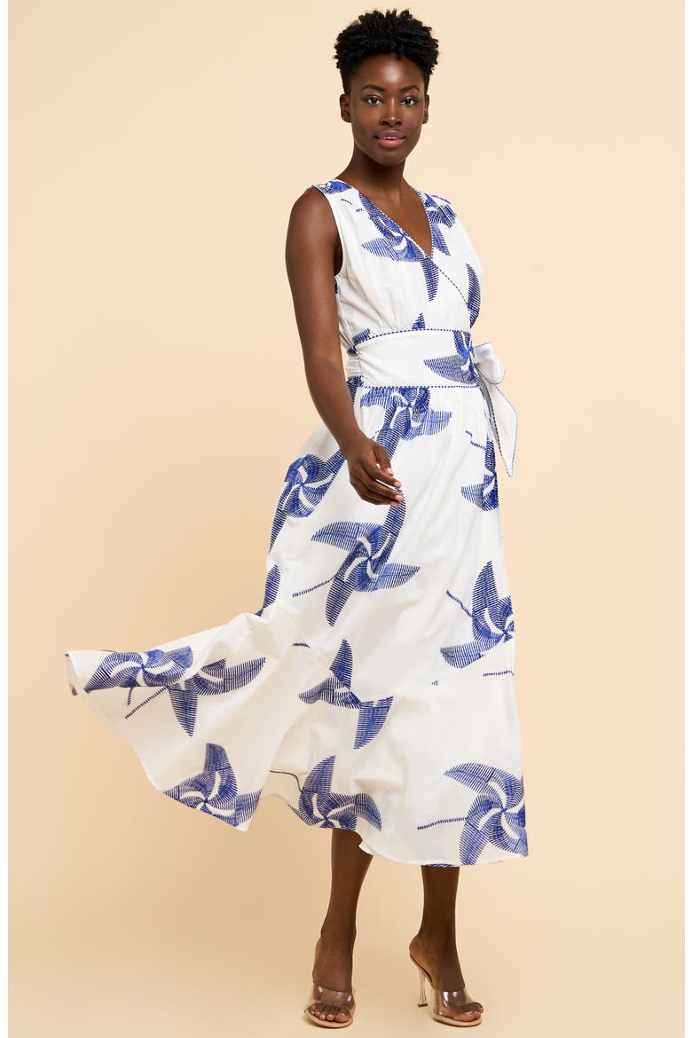 Kaiden Embroidered Tie Belt Maxi Wrap Sundress, Alternate, color, OFF WHITE/ BLUE