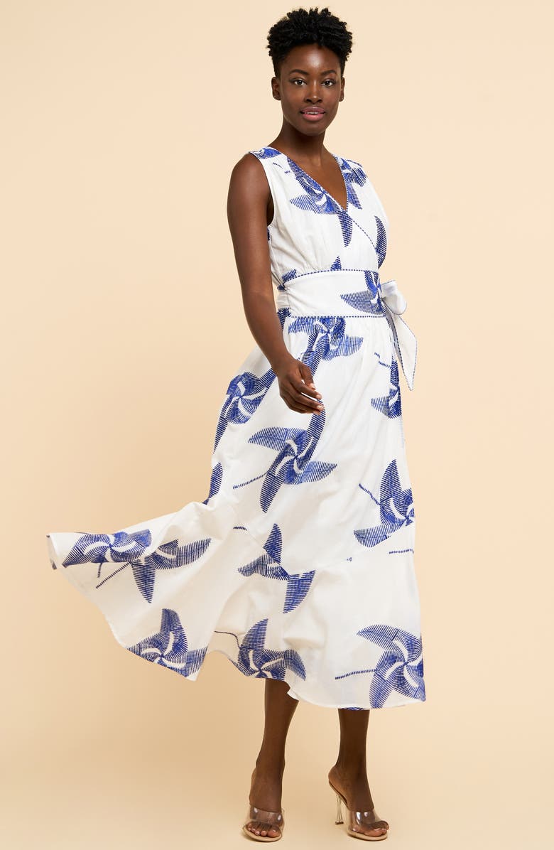 CIEBON Kaiden Embroidered Tie Belt Maxi Wrap Sundress, Alternate, color, Off White/ Blue