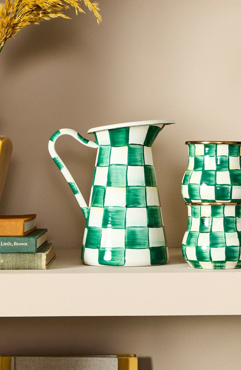 MACKENZIE CHILDS Mocha Check Medium Enameled Steel Practical Pitcher, Alternate, color, Emerald