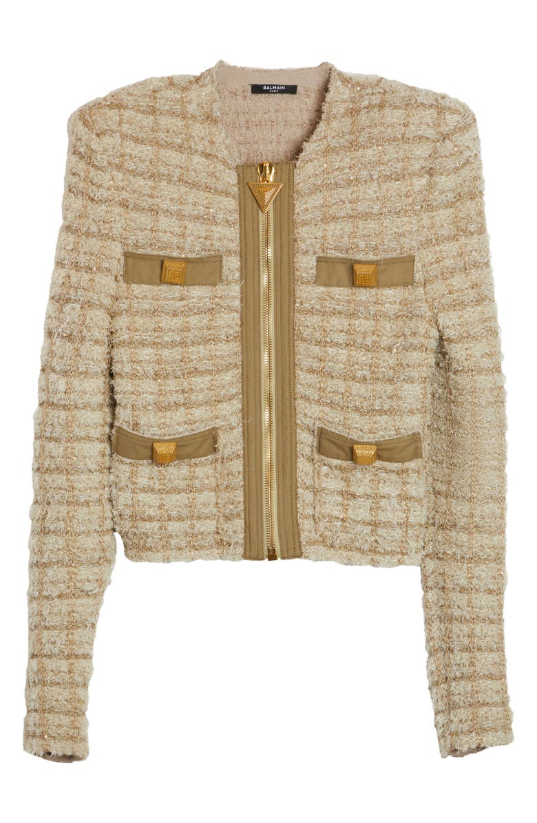 Balmain Collarless Metallic Tweed Jacket, Alternate, color, 