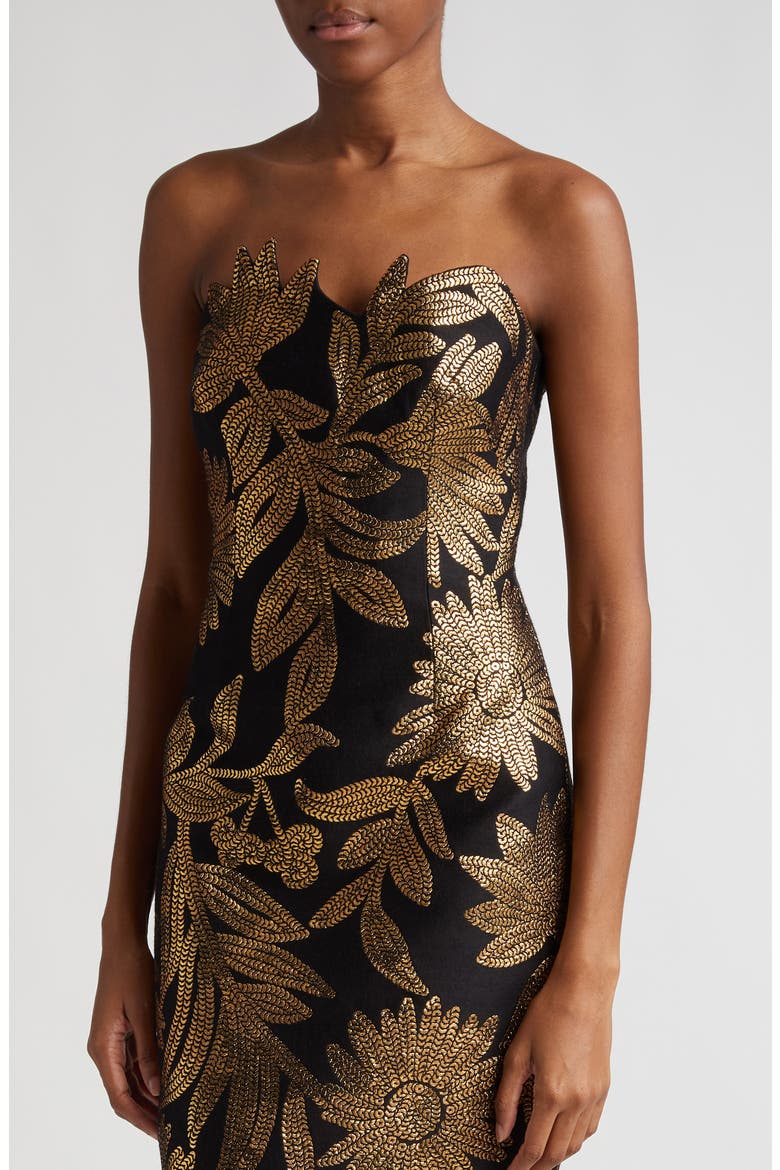 Metallic Floral Strapless Sheath Gown, Alternate, color, BLACK