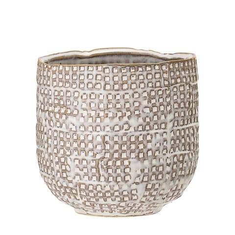 Distressed Stoneware Planter with Embossed Woven Design, White