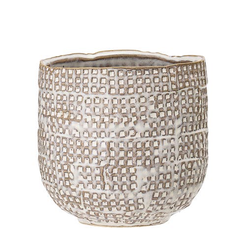 Storied Home Distressed Stoneware Planter With Embossed Woven Design, White