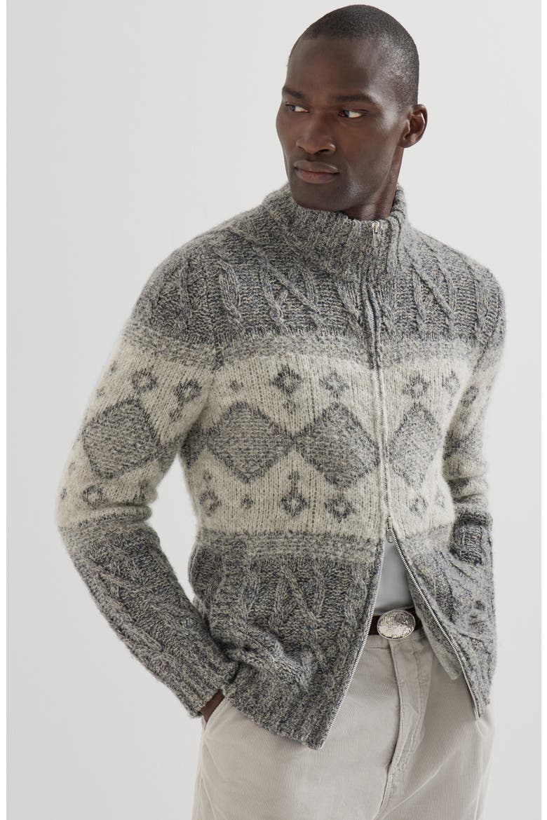 Virgin wool, silk and cashmere chiné cable knit cardigan with intarsia, Alternate, color, Cerulean