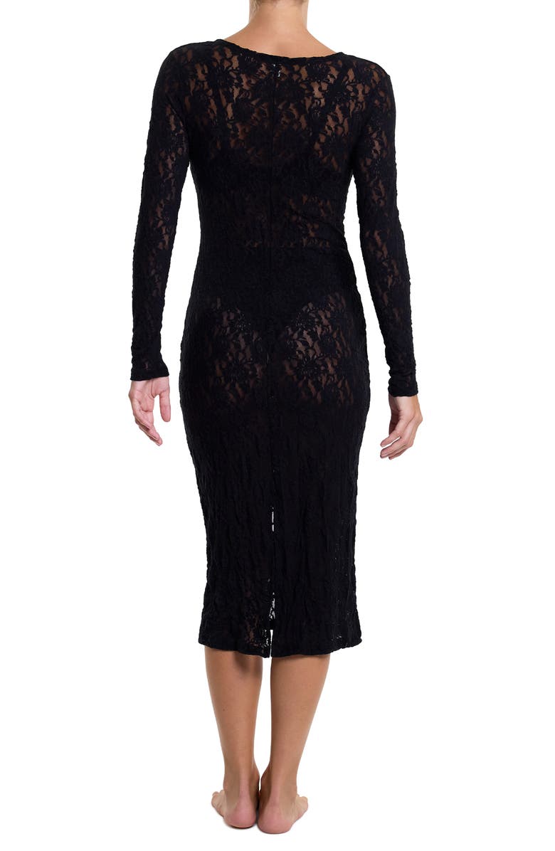 Hanky Panky Signature Long Sleeve Sheer Lace Midi Dress, Alternate, color, Black