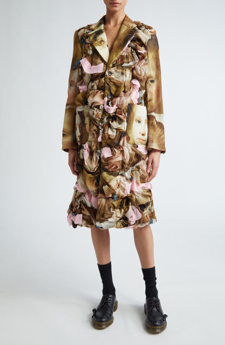 Comme des Garçons Face Print Wool Overcoat, Main, color, Beige X Pink