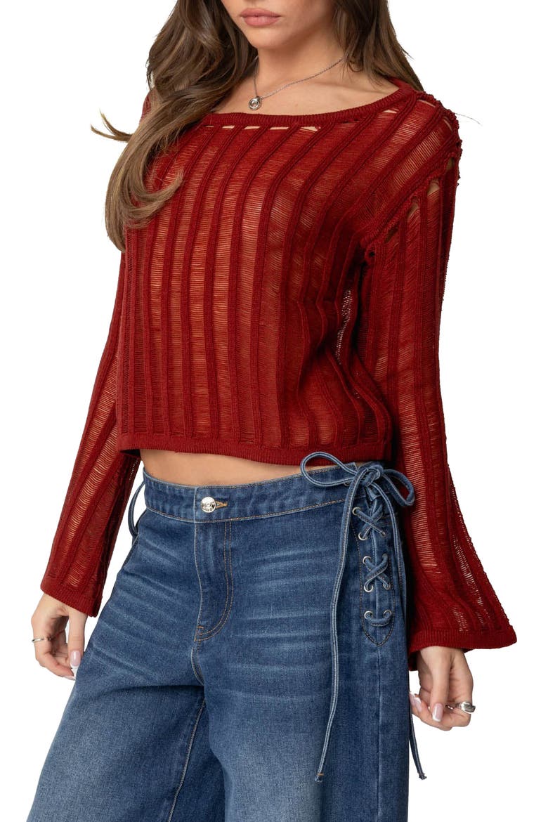 Sagir Sheer Ladder Stitch Crop Top, Alternate, color, BURGUNDY