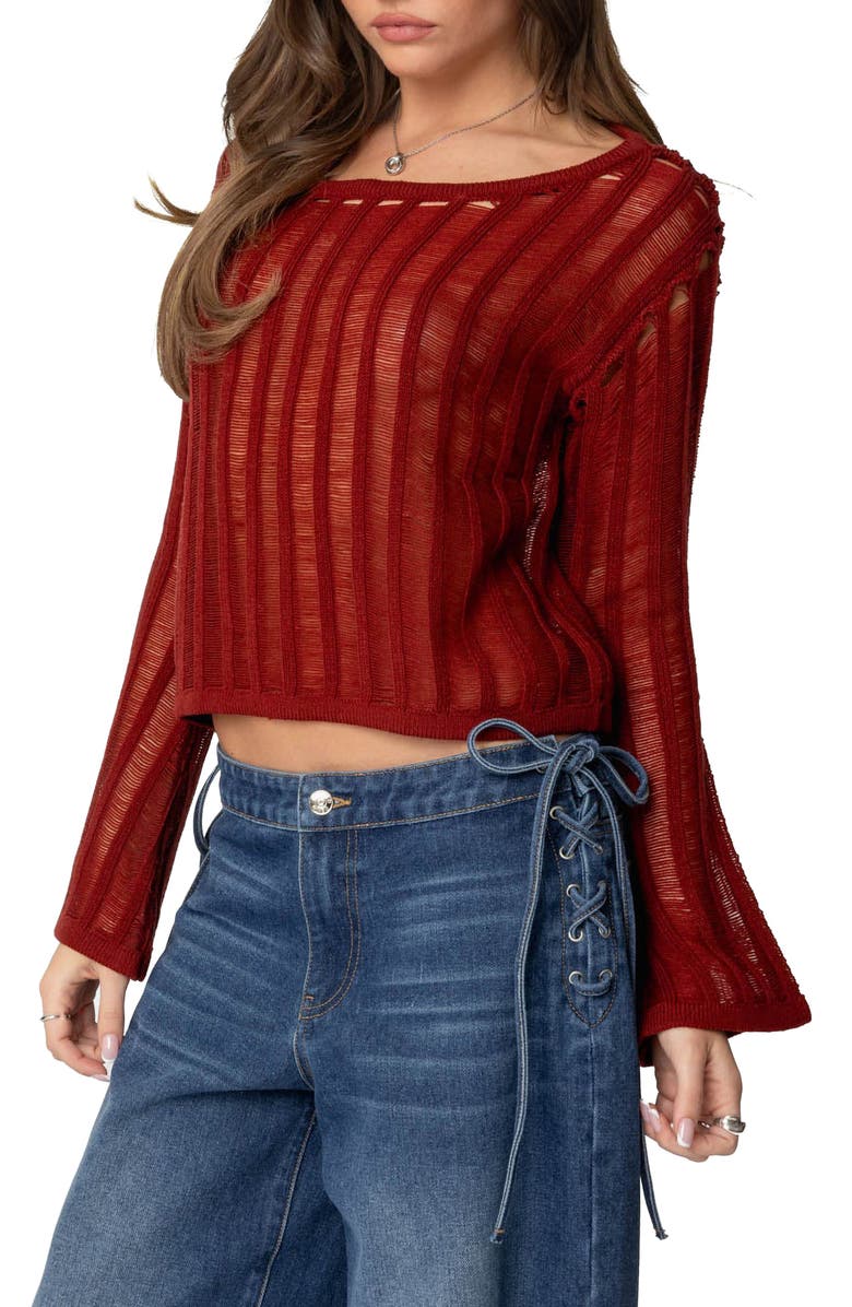 EDIKTED Sagir Sheer Ladder Stitch Crop Top, Alternate, color, Burgundy