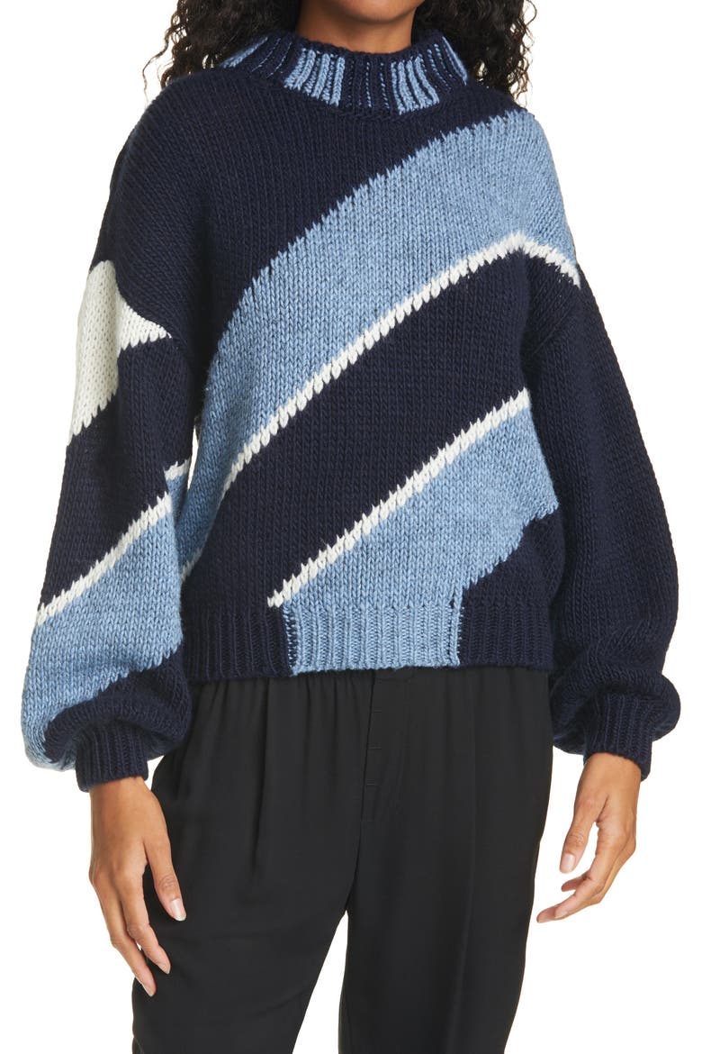 Adonis Balloon Sleeve Diagonal Stripe Sweater, Main, color, NAVY
