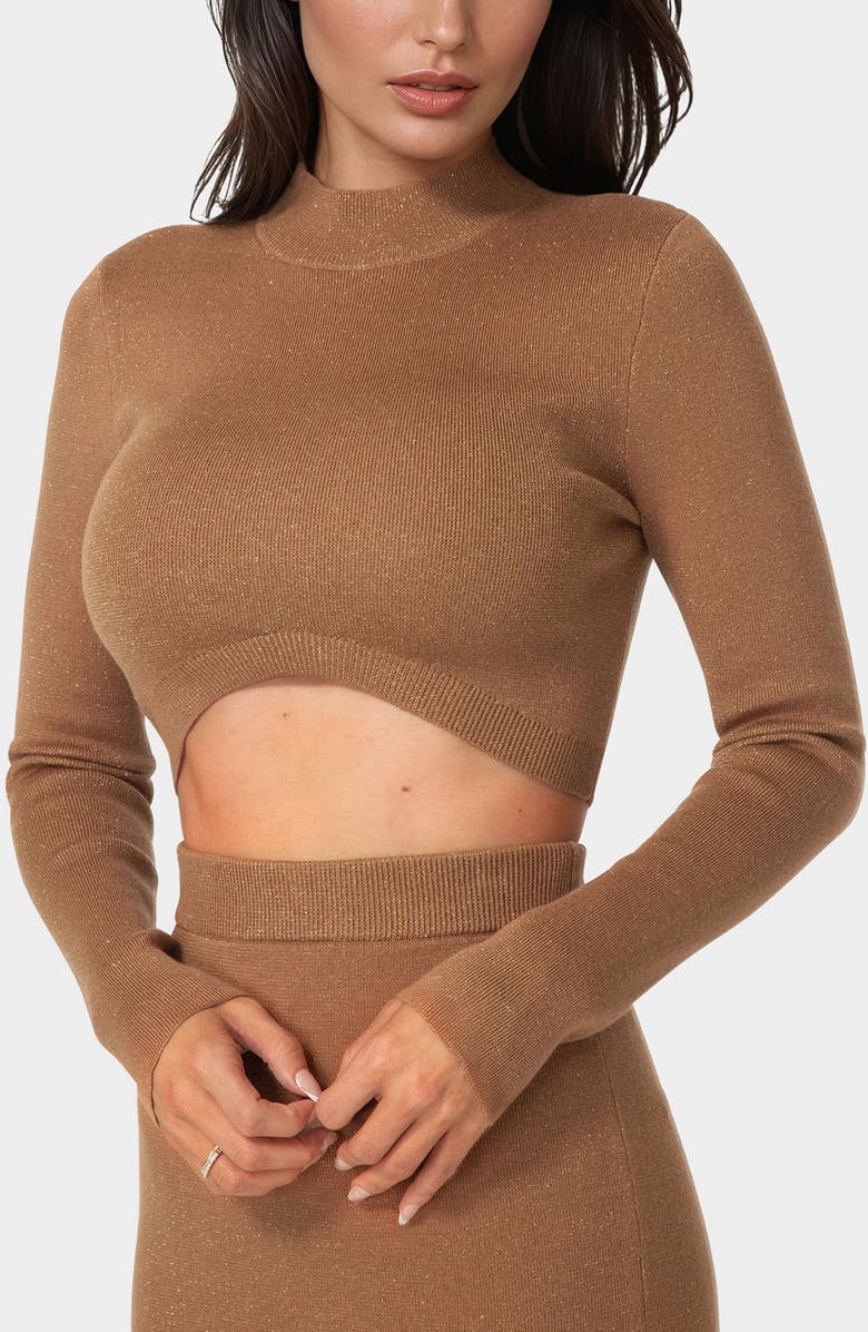 bebe Lurex Rib Knit Long Sleeve Top & Skirt Set, Alternate, color, Caramel