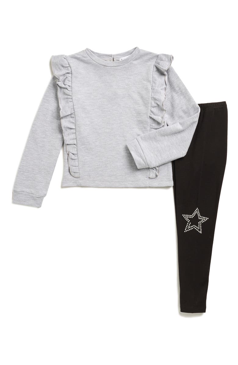 Splendid Kids' Silver Stars Ruffle Top & Leggings Set, Main, color, Heather Grey