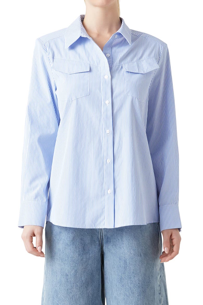 Power Shoulder Stripe Button-Up Shirt, Alternate, color, BLUE