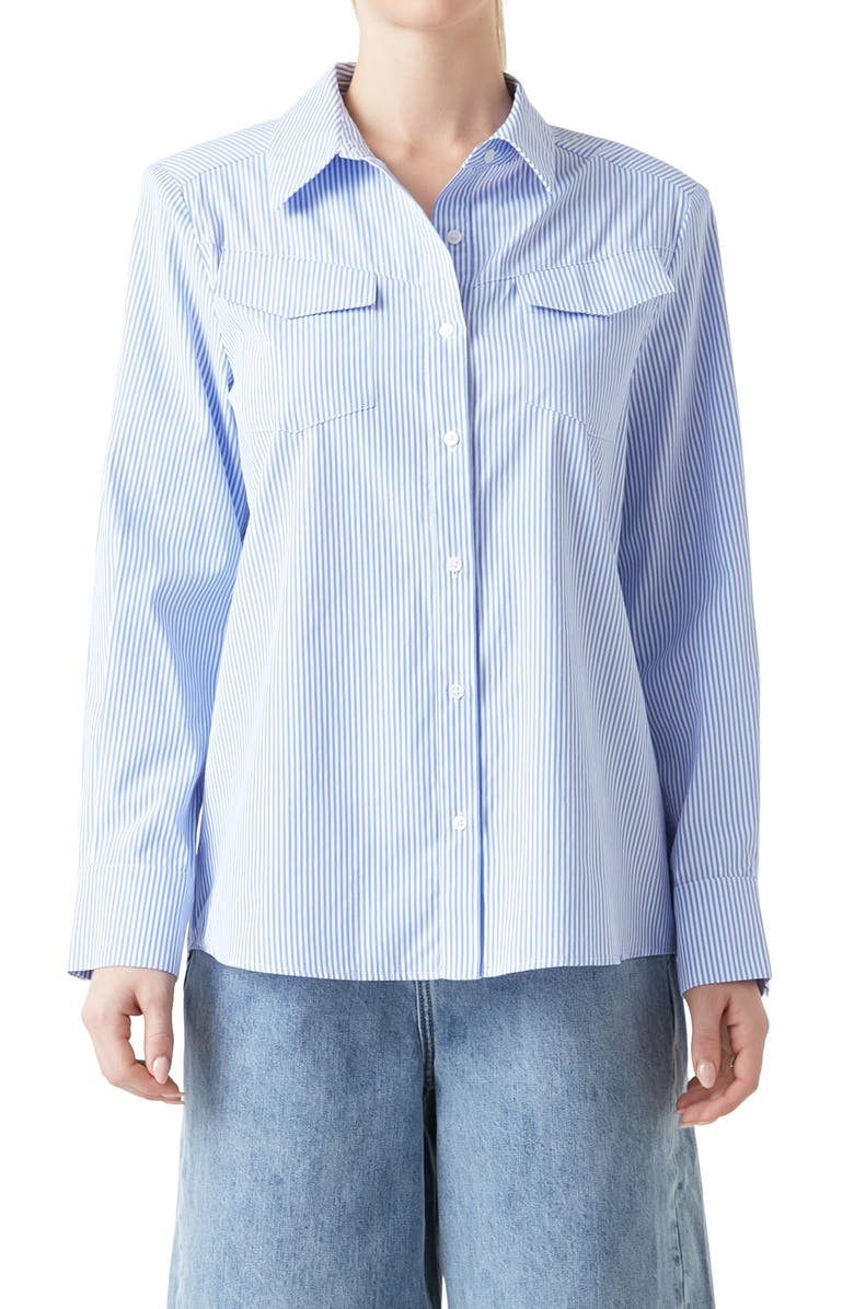 Grey Lab Power Shoulder Stripe Button-Up Shirt, Alternate, color, Blue