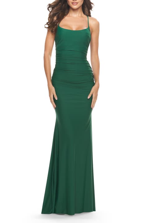 Intricate Lace Up Back Jersey Gown with Ruching