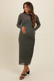 PinkBlush Shimmer Mesh Long Sleeve Ruched Midi Dress