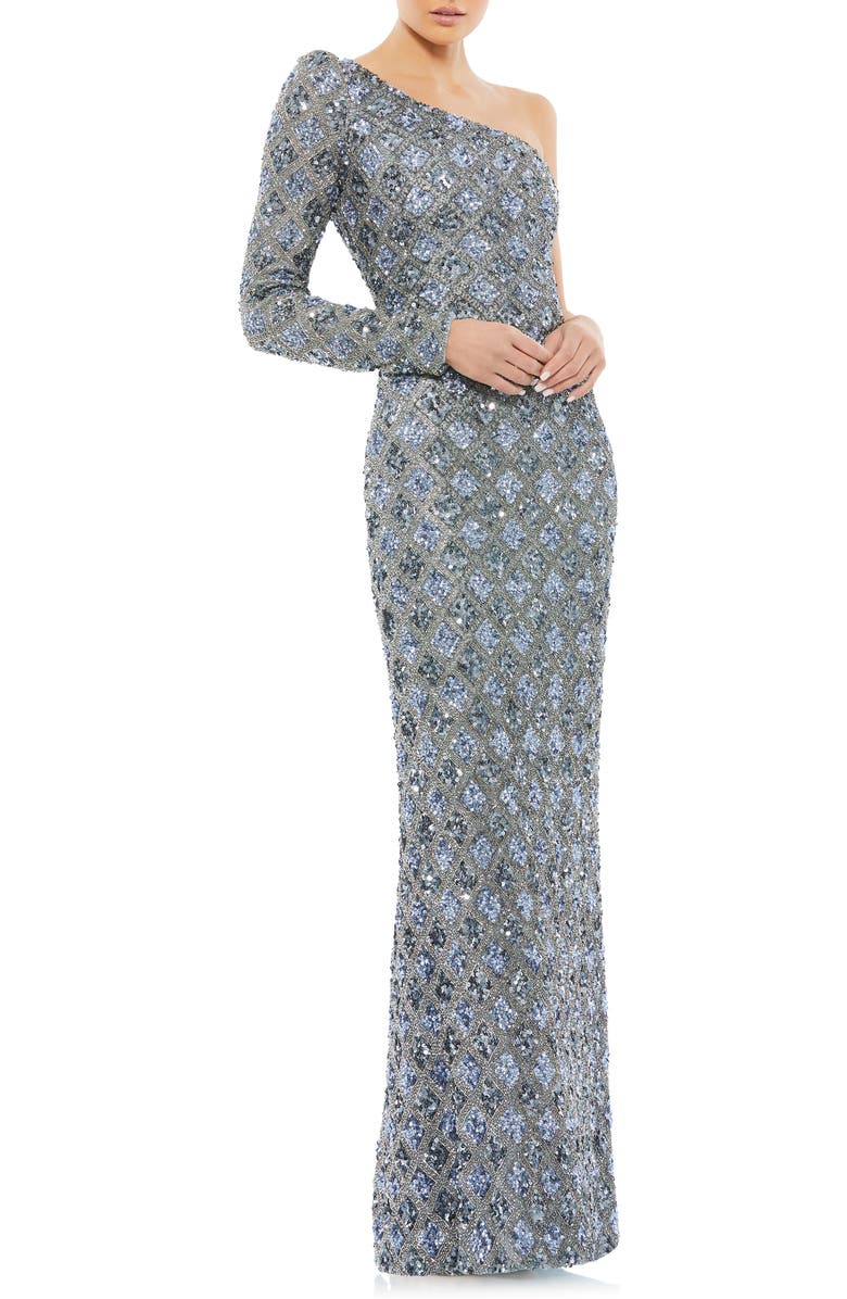 Mac Duggal Sequin Long Sleeve One-Shoulder Gown, Main, color, 