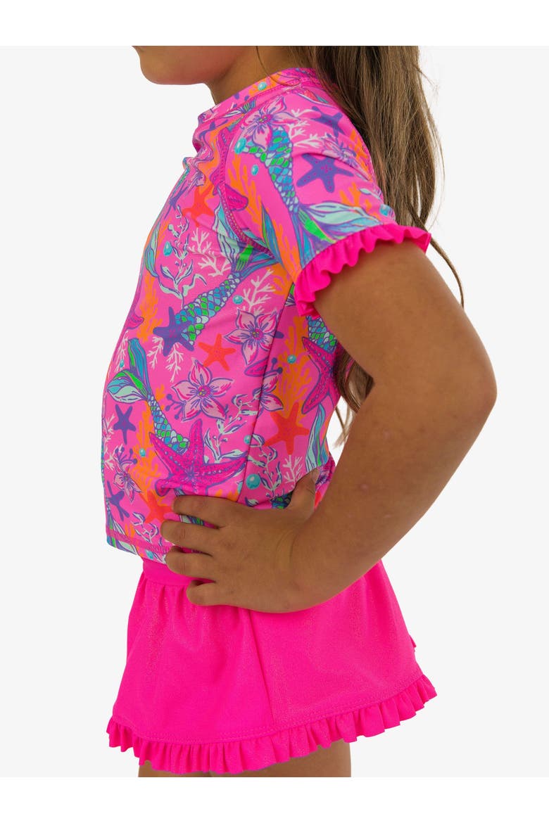 Girls Short Sleeve Ruffle UPF50+ Rash Guard Skirted 2-Piece, Alternate, color, Neon Shimmer Mermaid