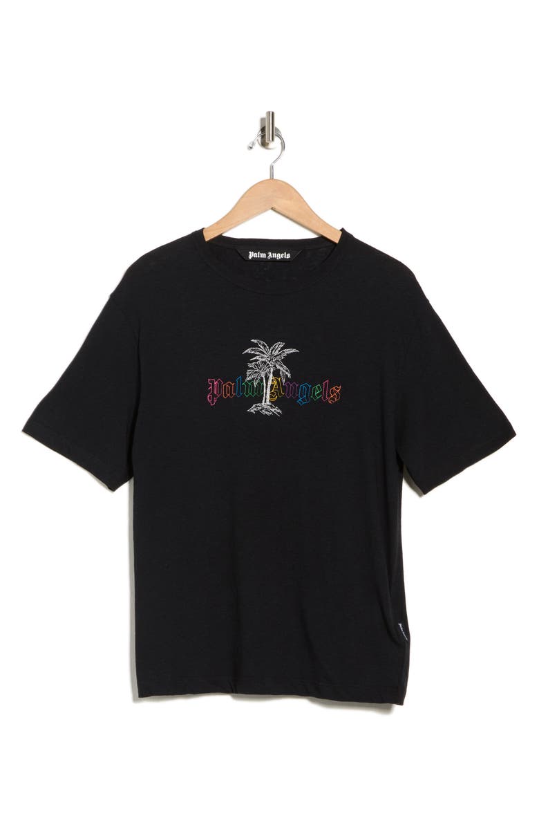 Palm Angels Logo Cotton & Linen T-Shirt, Main, color, Black/White