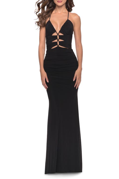 Unique Cut Out Net Jersey Prom Dress