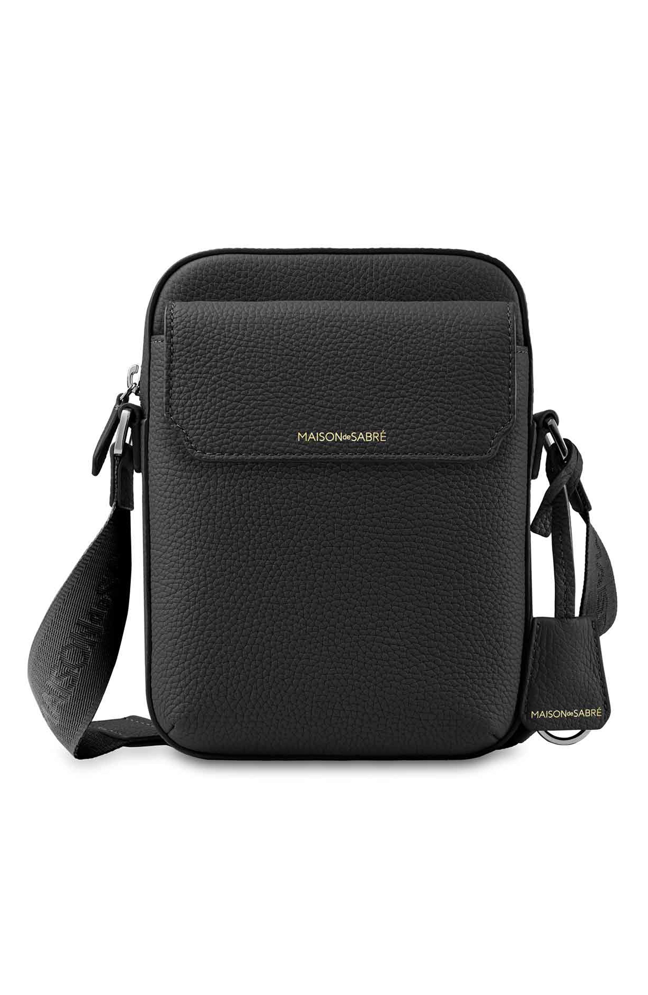 MAISON de SABRÉ Small Leather Messenger Bag, Main, color, Black Caviar