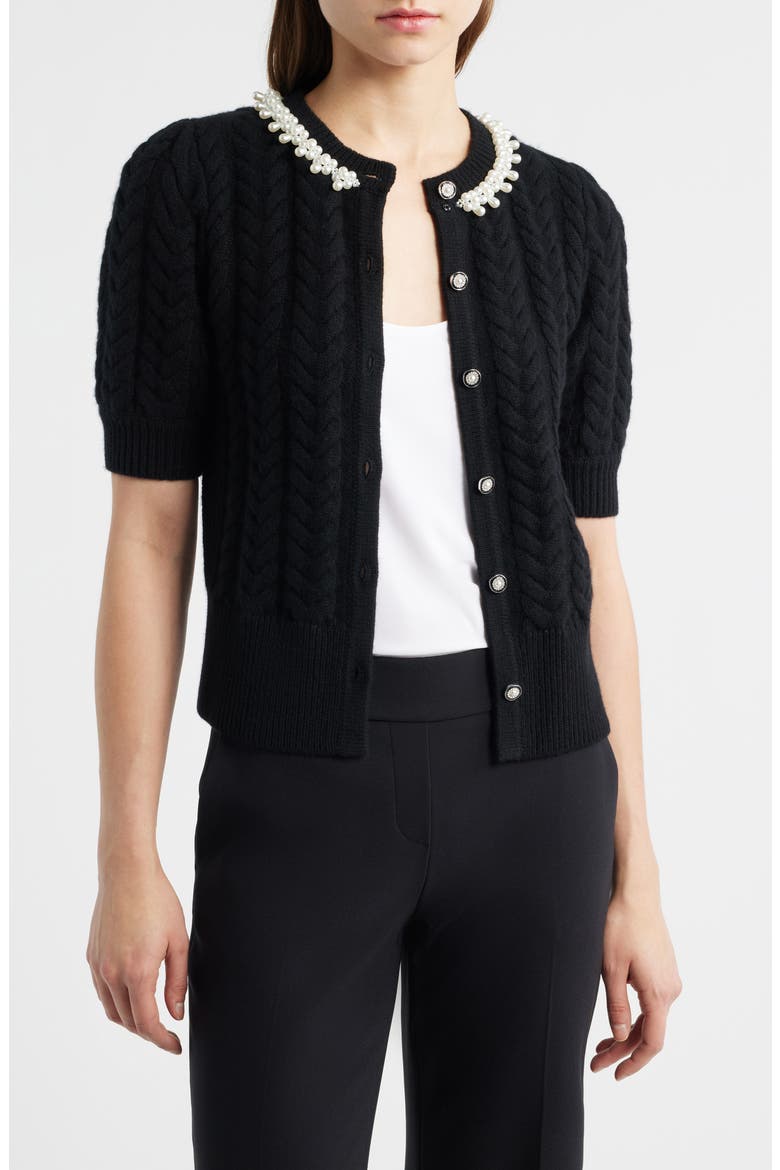 Ella Embellished Neck Short Sleeve Cable Cardigan, Alternate, color, NOIR