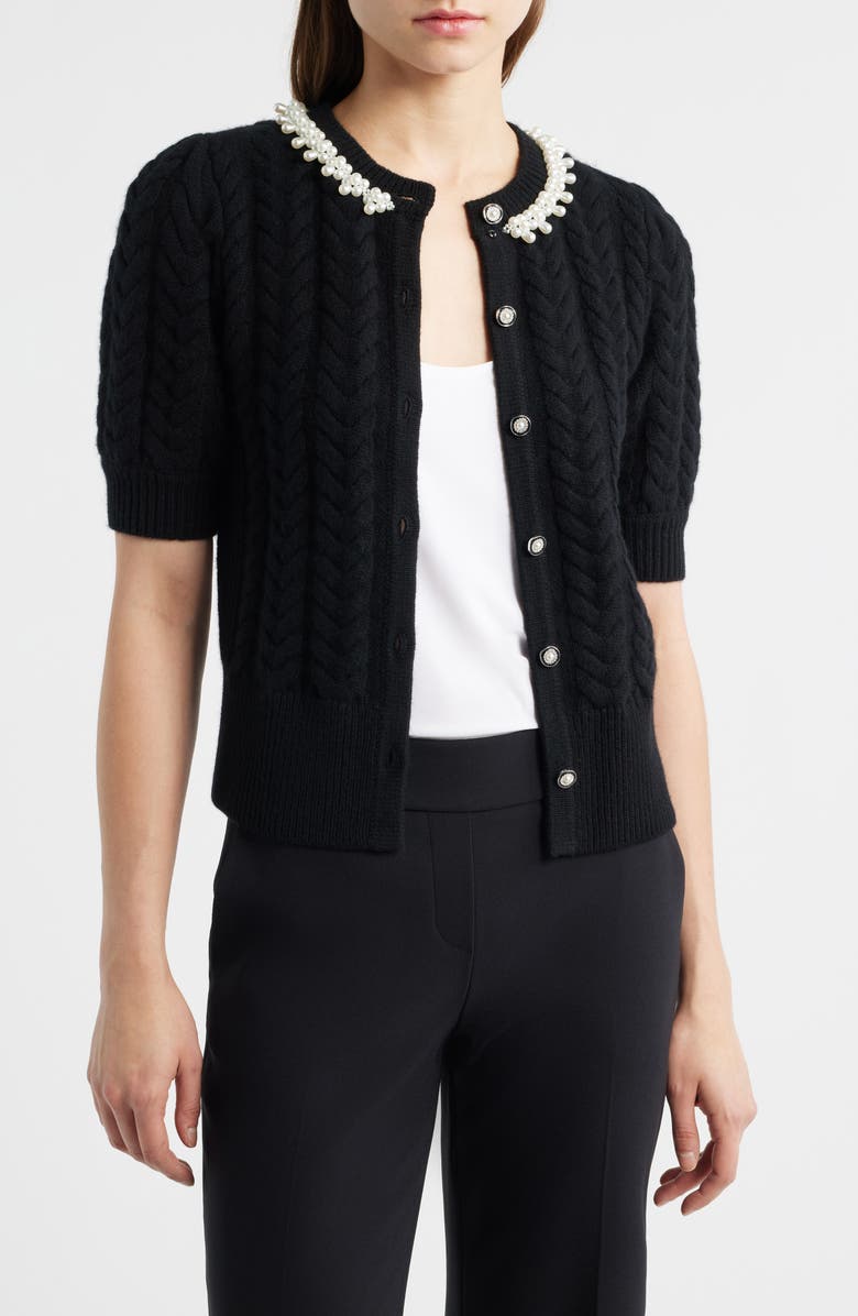 Elie Tahari Ella Embellished Neck Short Sleeve Cable Cardigan, Alternate, color, Noir