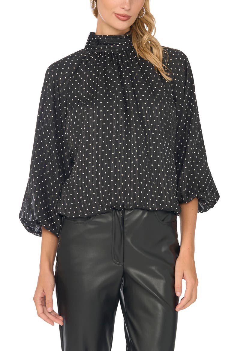 Lurex® Stripe Polka Dot Mock Neck Blouse, Main, color, RICH BLACK