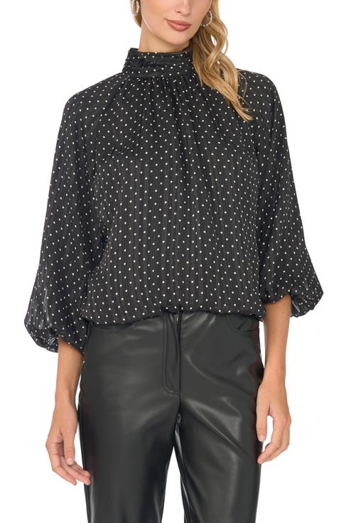 Lurex® Stripe Polka Dot Mock Neck Blouse
