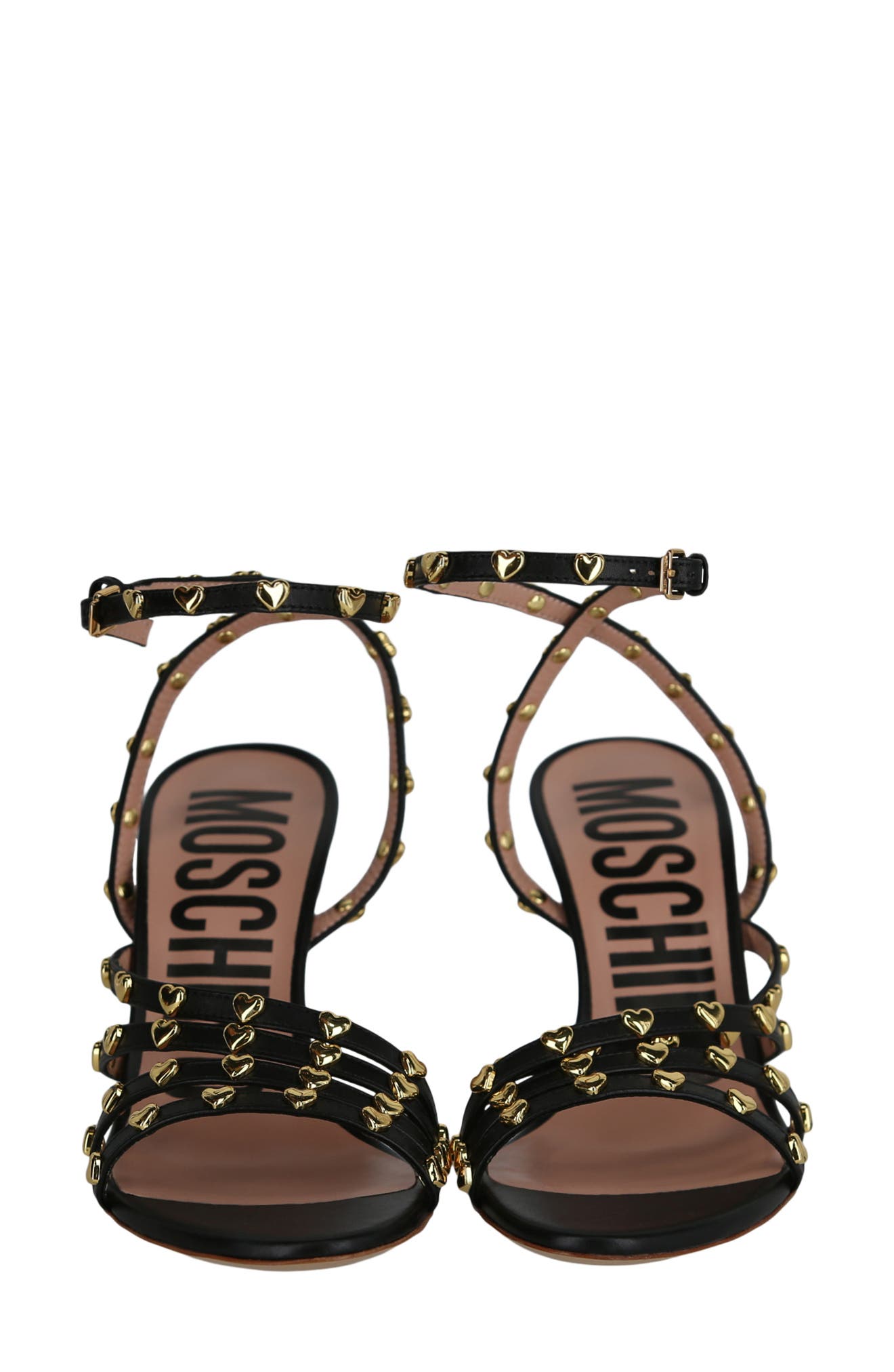 Moschino Heart Studded Sandal, Alternate, color, Black
