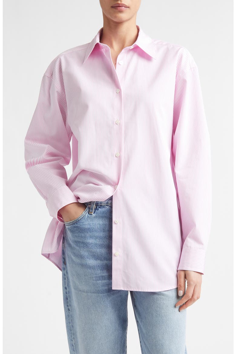 Classic Tumbled Stripe Organic Cotton Button-Up Shirt, Main, color, WHITE/ BLOOM