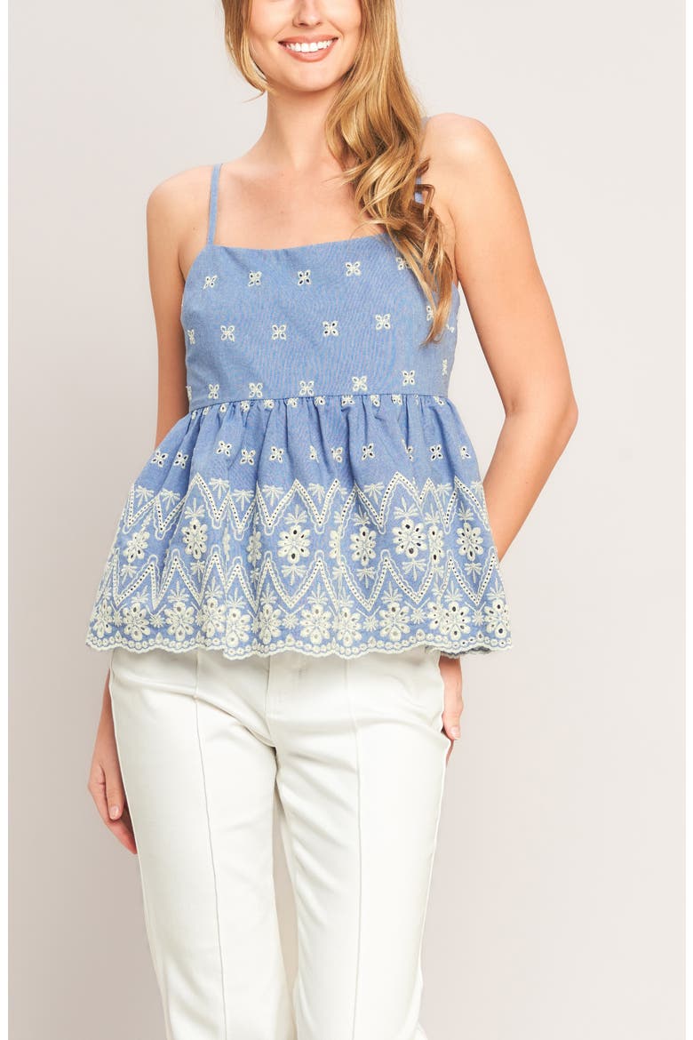 Eyelet Embroidered Babydoll Camisole Top, Alternate, color, BLUE