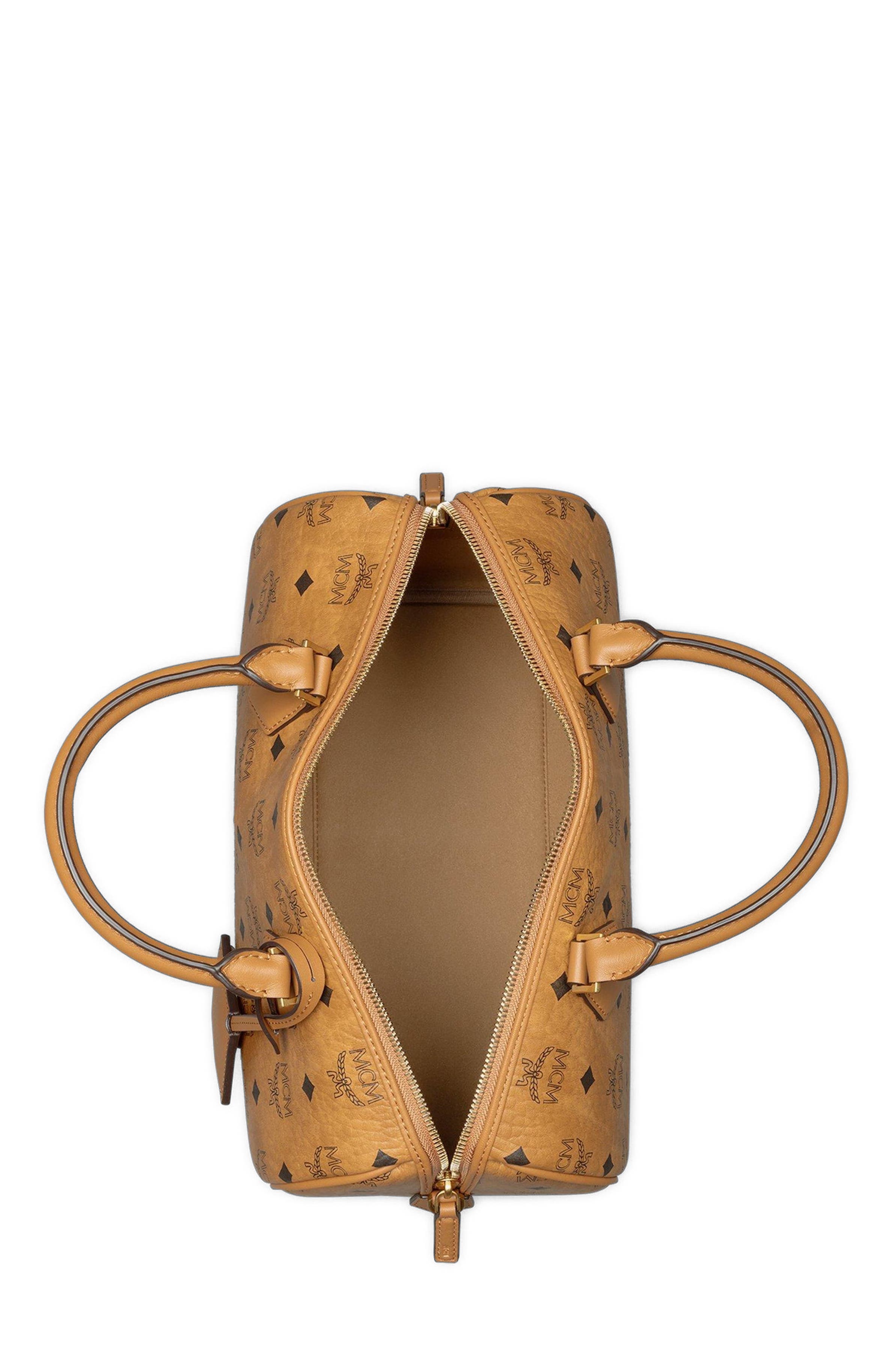 MCM Medium Ella Boston Bag in Visetos, Alternate, color, Cognac