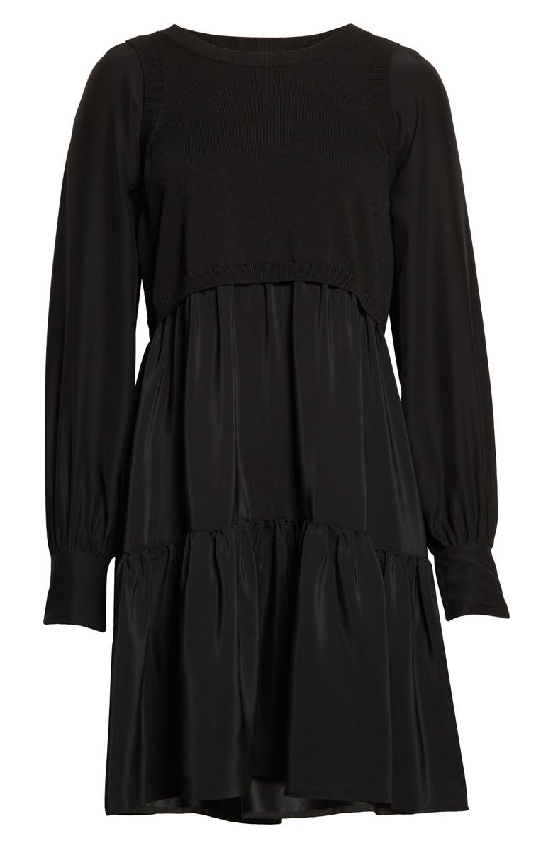 Cinq à Sept Presley Mixed Media Long Sleeve Silk Dress, Alternate, color, 