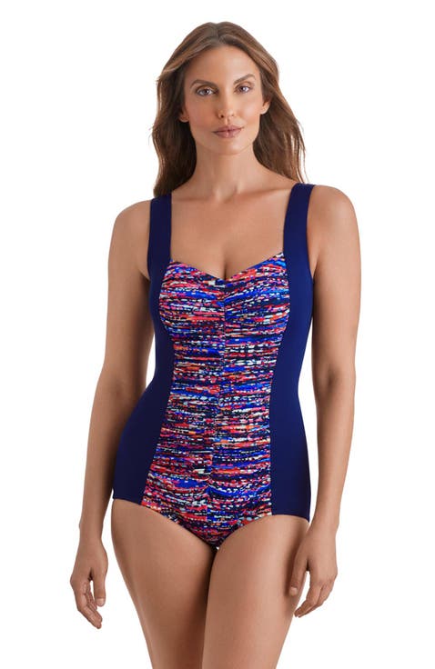 Shirred Front Princess Seam Girl Leg One-Piece Swimsuit