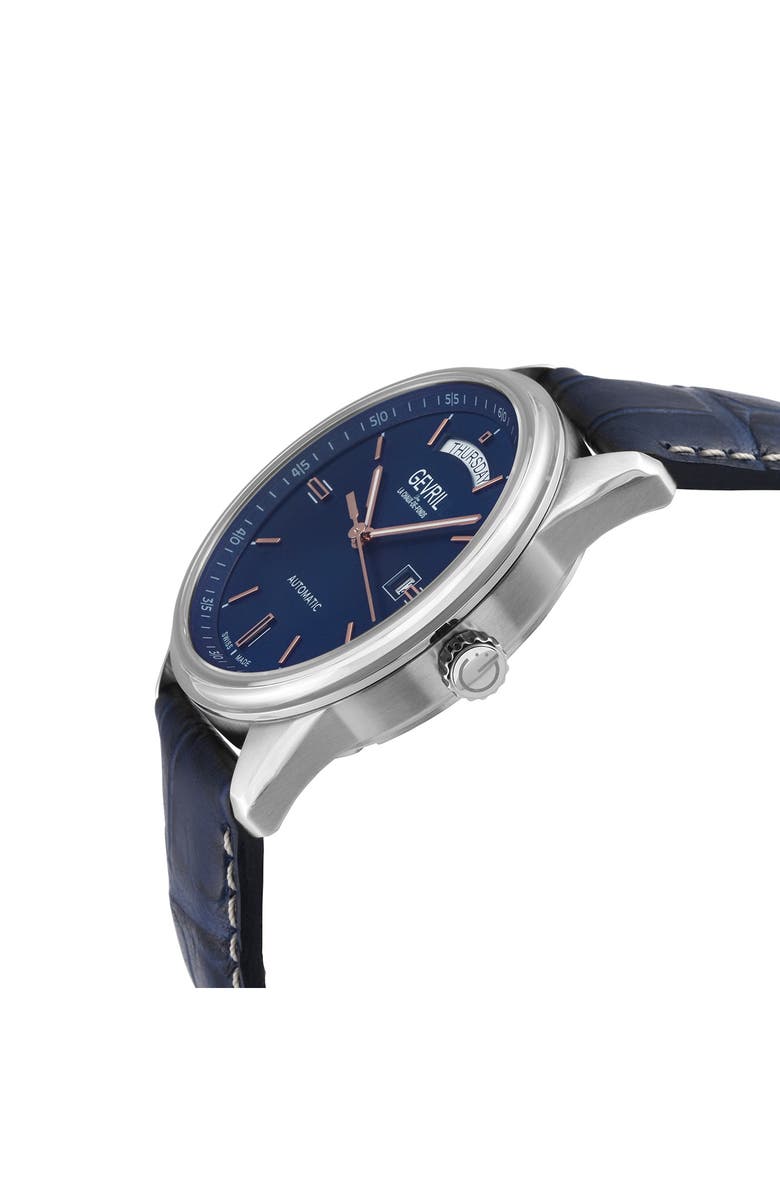 GEVRIL Excelsior Croc Embossed Leather Strap Watch, 42mm, Alternate, color, Blue